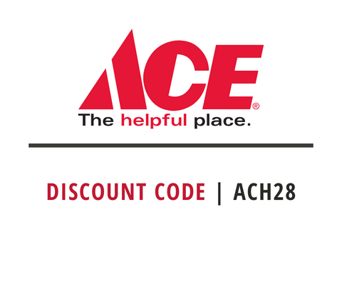 Ace Hardware logo with a discount code: ACH28 on a white background