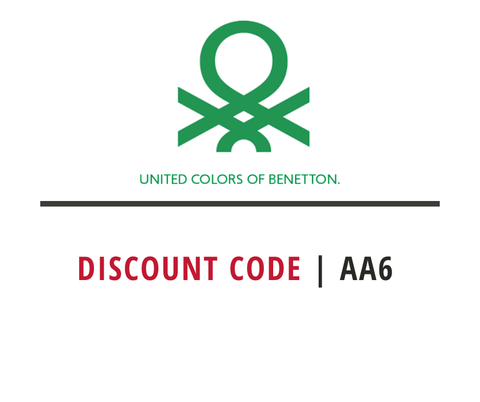United Colors of Benetton logo with a discount code: AA6 on a white background