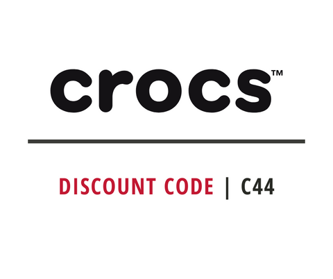 Crocs logo with a 10% discount code on a white background - use code: C44