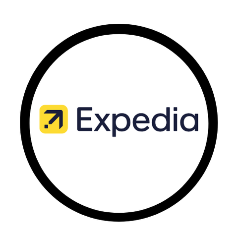 Expedia logo with a black circle around it on a white background - deal up to 10% off - UAE