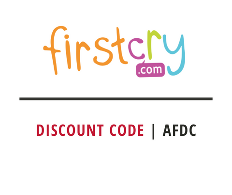 Colorful 'firstcry.com' logo with a discount code 'AFDC' on a white background - KSA& UAE