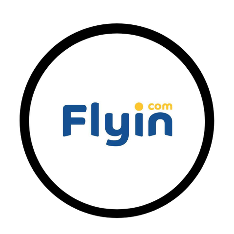 Logo of Flyin.com Discount code : m48_ with a black circle around it on a white background