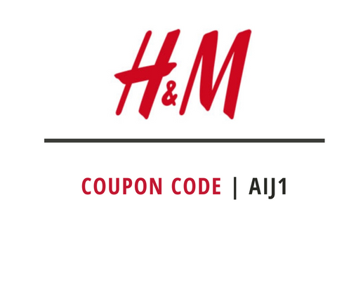 H&M logo with a coupon code: aij1  on a white background - 5% extra off
