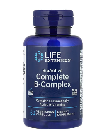 Blue bottle of Life Extension Bio Active Complete B-Complex dietary supplement on a white background