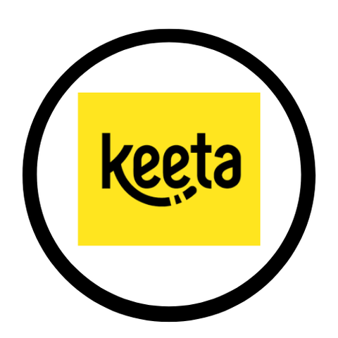 Keeta ksa  food delivery logo on a yellow background with a black circle around it