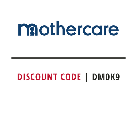 mothercare  logo with a DISCOUNT coupon code: DM0K9 on a white background
