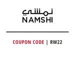 Namshi logo with a coupon code: rw22  on a white background