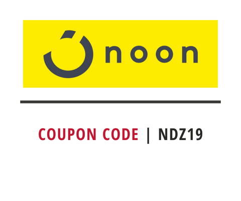 Noon logo with a yellow background and coupon code NDZ19 displayed below.