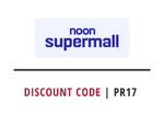 noon supermall logo with a discount code : PR17 on a white background