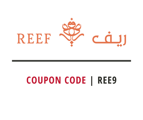 REEF logo with Arabic text and a coupon code : ree9 on a white background