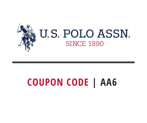 U.S. Polo Assn. logo with a coupon code : AA6 on a white background - 50%off + 5% extra
