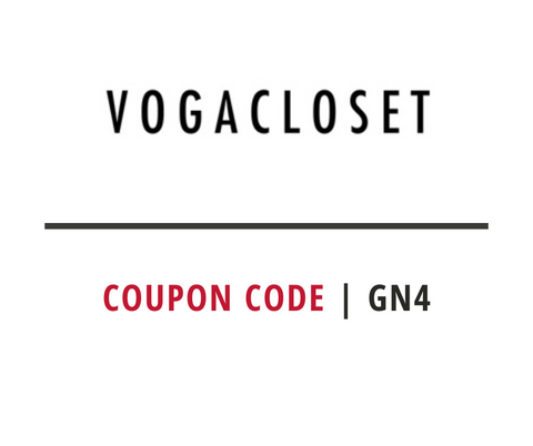 Promotional image featuring the logo of Vogacloset with a red banner indicating a discount code 'GN4' and the text 'COUPON CODE | GN4' prominently displayed.